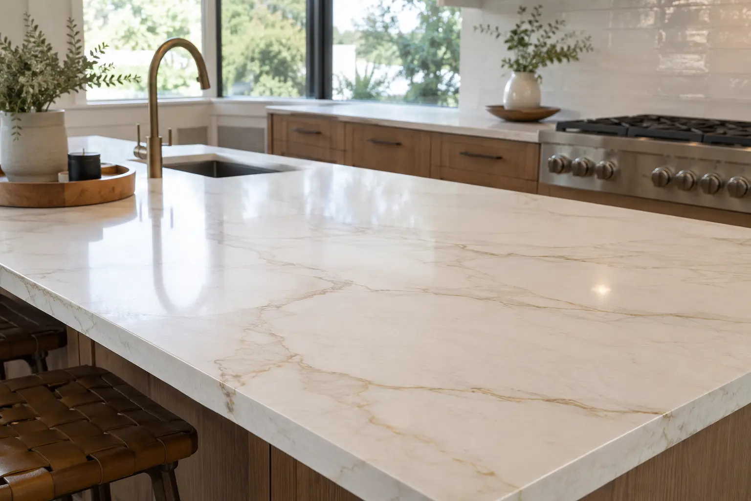 White quartzite kitchen island photographed at counter height, its soft gold veining running the length of the slab, with warm oak cabinetry, a brass faucet, and daylight from the window behind
