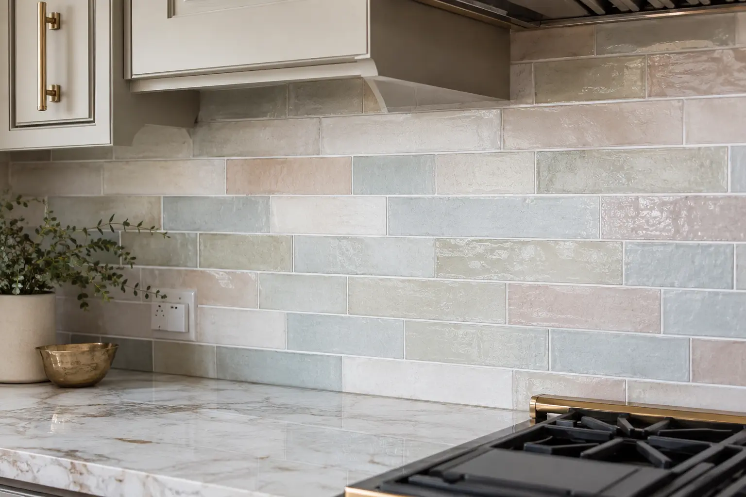 Glazed ceramic subway tile backsplash in soft blue, cream and blush, running from a marble countertop to the range hood
