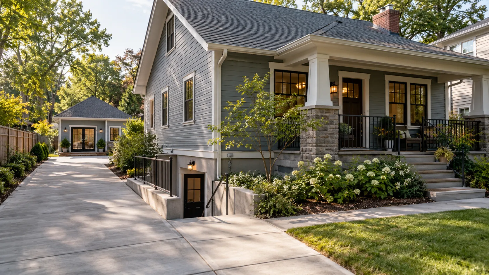 Craftsman house with a separate exterior entrance to a lower-level unit in the foreground and a detached backyard cottage at the end of the driveway behind