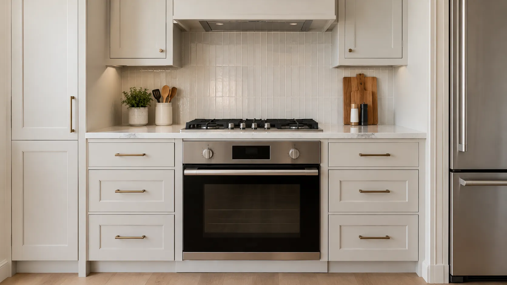 Kitchen run shot straight on, a gas cooktop set into the counter directly above a built-in wall oven, with drawer banks either side and even reveals around the appliance openings