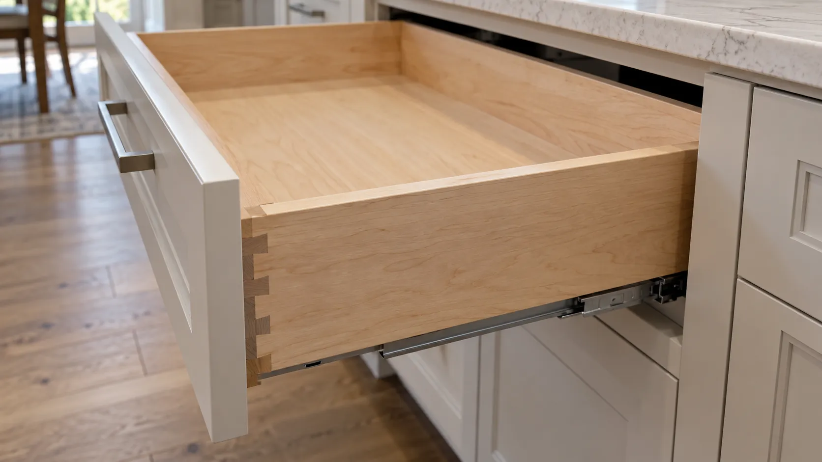 Fully extended maple drawer box with dovetail joinery at the corner, pulled clear of a painted cabinet run
