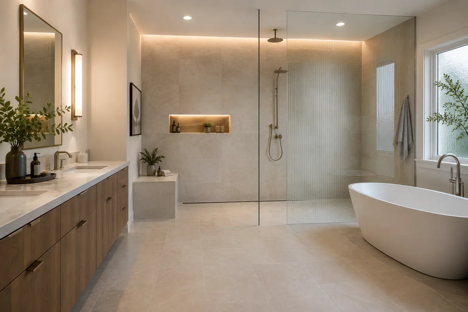 Wet room with a freestanding soaking tub and walk-in shower behind one glass enclosure