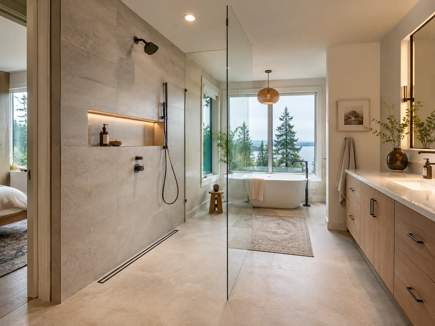 Curbless zero-threshold walk-in shower with a linear drain, opening into a Kirkland primary bath with a freestanding tub and a lake view
