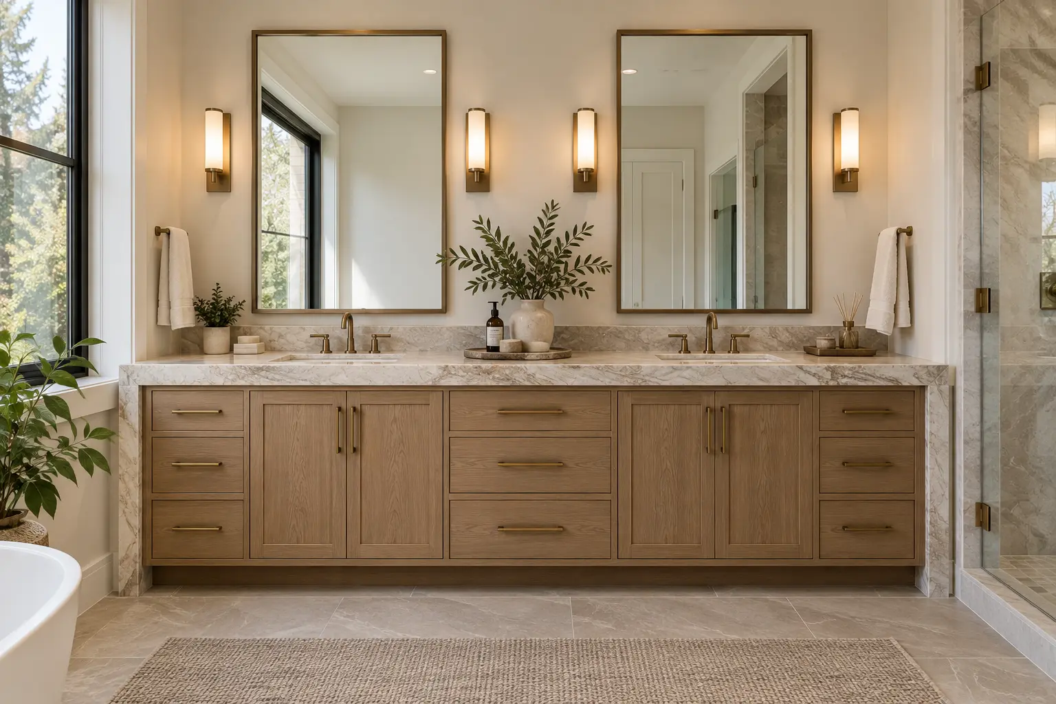 Custom double vanity in a primary suite, shot straight on: white oak millwork under a veined stone top with a thick edge returning down the side, two undermount basins, twin framed mirrors and brass sconces