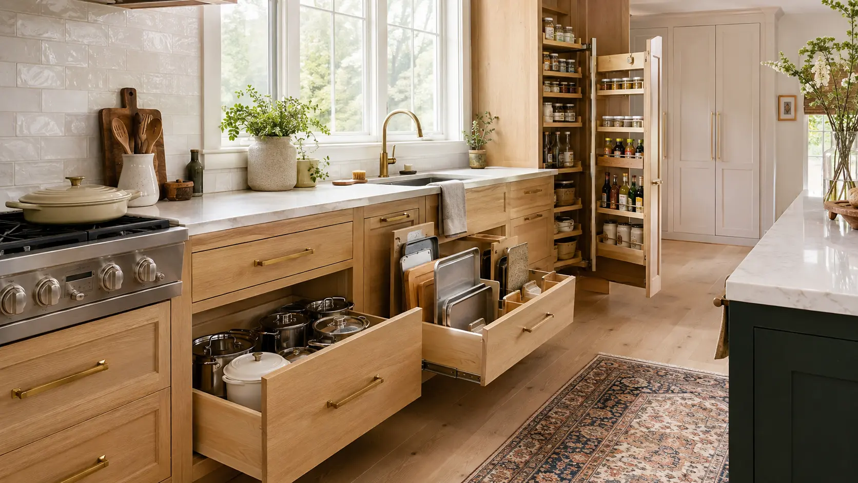 White oak kitchen with a deep lower drawer pulled open on stacked pots, an adjacent drawer holding baking trays upright in dividers, and a full-height pantry standing open with door-mounted spice racks