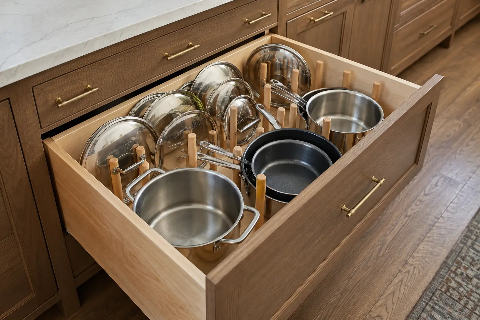 Deep pot drawer pulled open showing organized pans and dividers