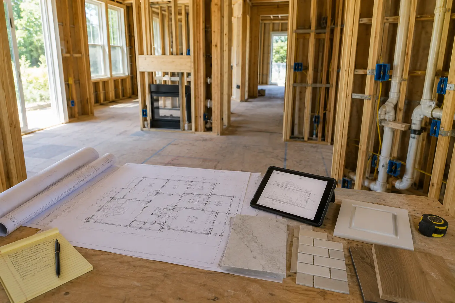 Floor plans, a tablet showing an elevation drawing, tile and cabinet samples and a notepad laid out on a work table inside a framed remodel