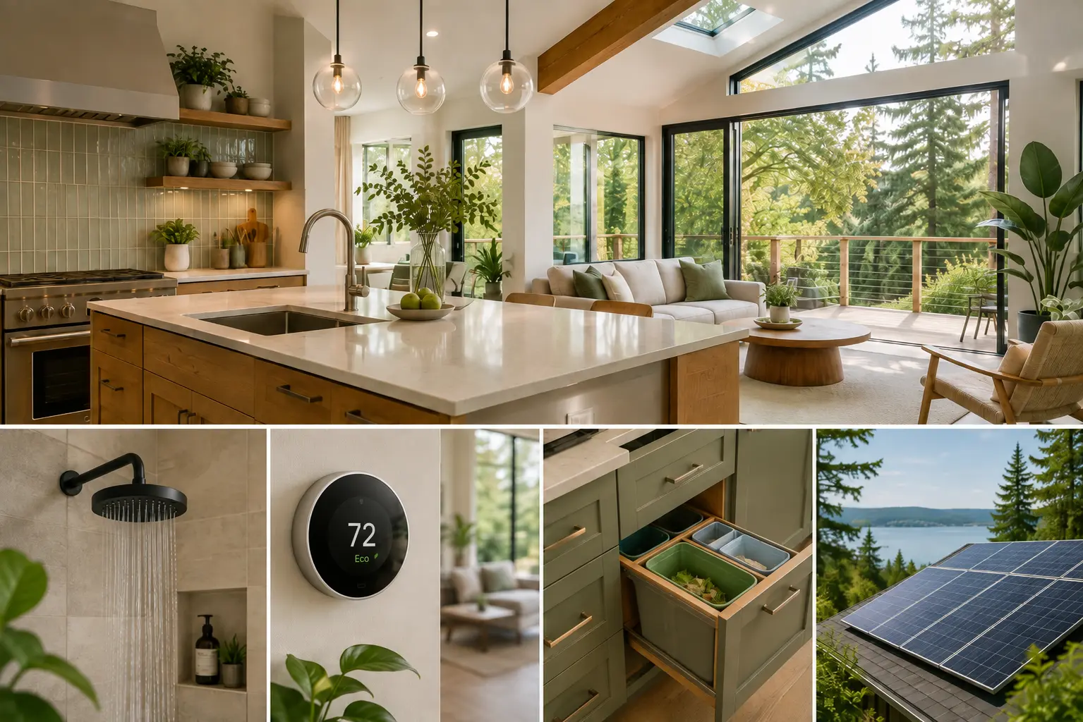 Sustainable Eastside kitchen with wood cabinetry, a skylight and daylight from full-height glazing, alongside a low-flow shower, a smart thermostat, pull-out recycling bins and rooftop solar panels
