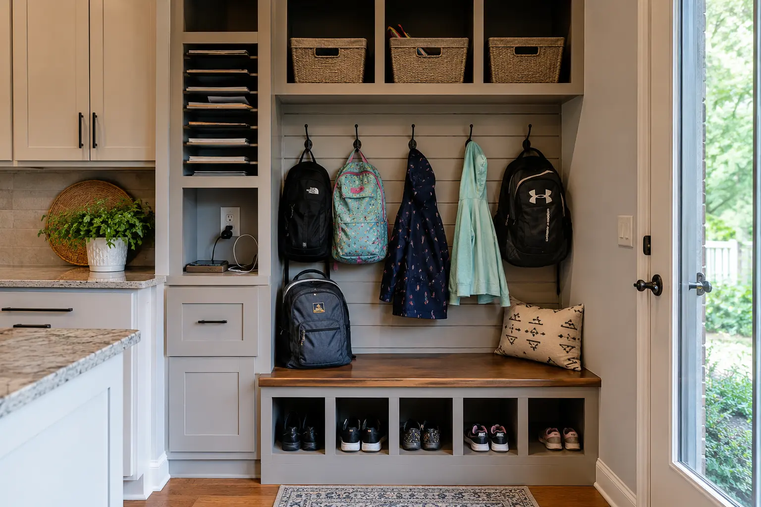 Built-in family drop zone with backpack cubbies, hooks, and a charging shelf