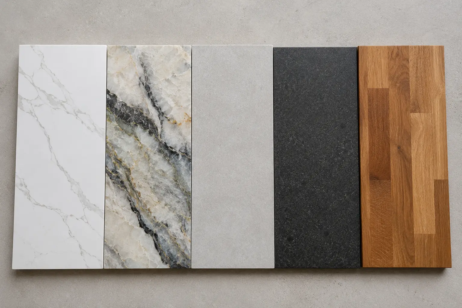 Quartz, quartzite, porcelain, leathered granite, and butcher block samples side by side