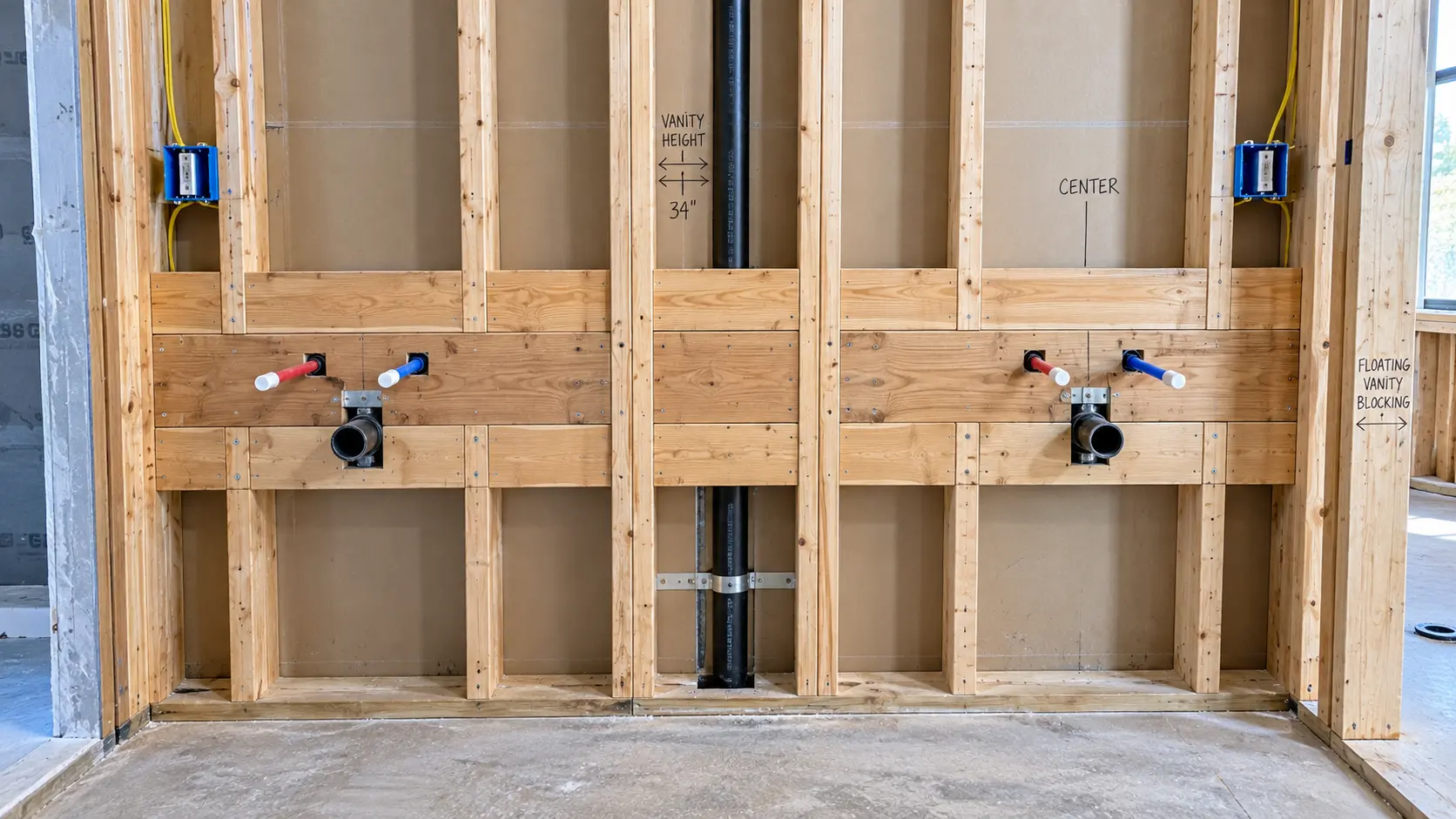 Wall blocking and wall-routed plumbing roughed in for a floating vanity