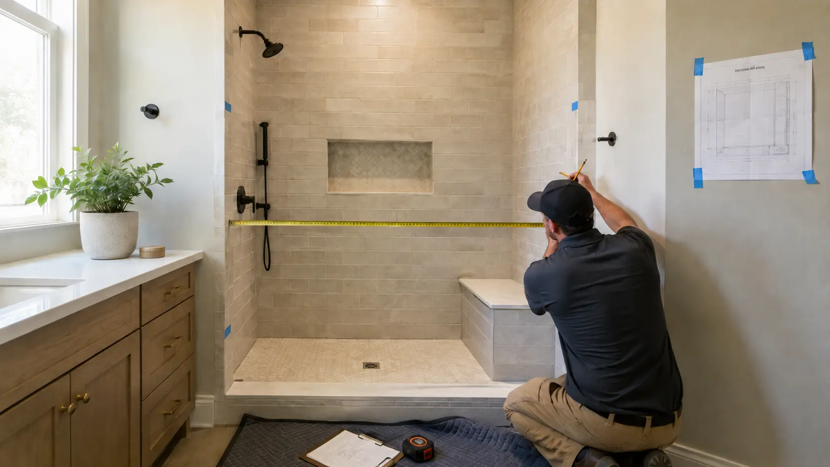 Finished tile shower awaiting frameless glass templating and fabrication