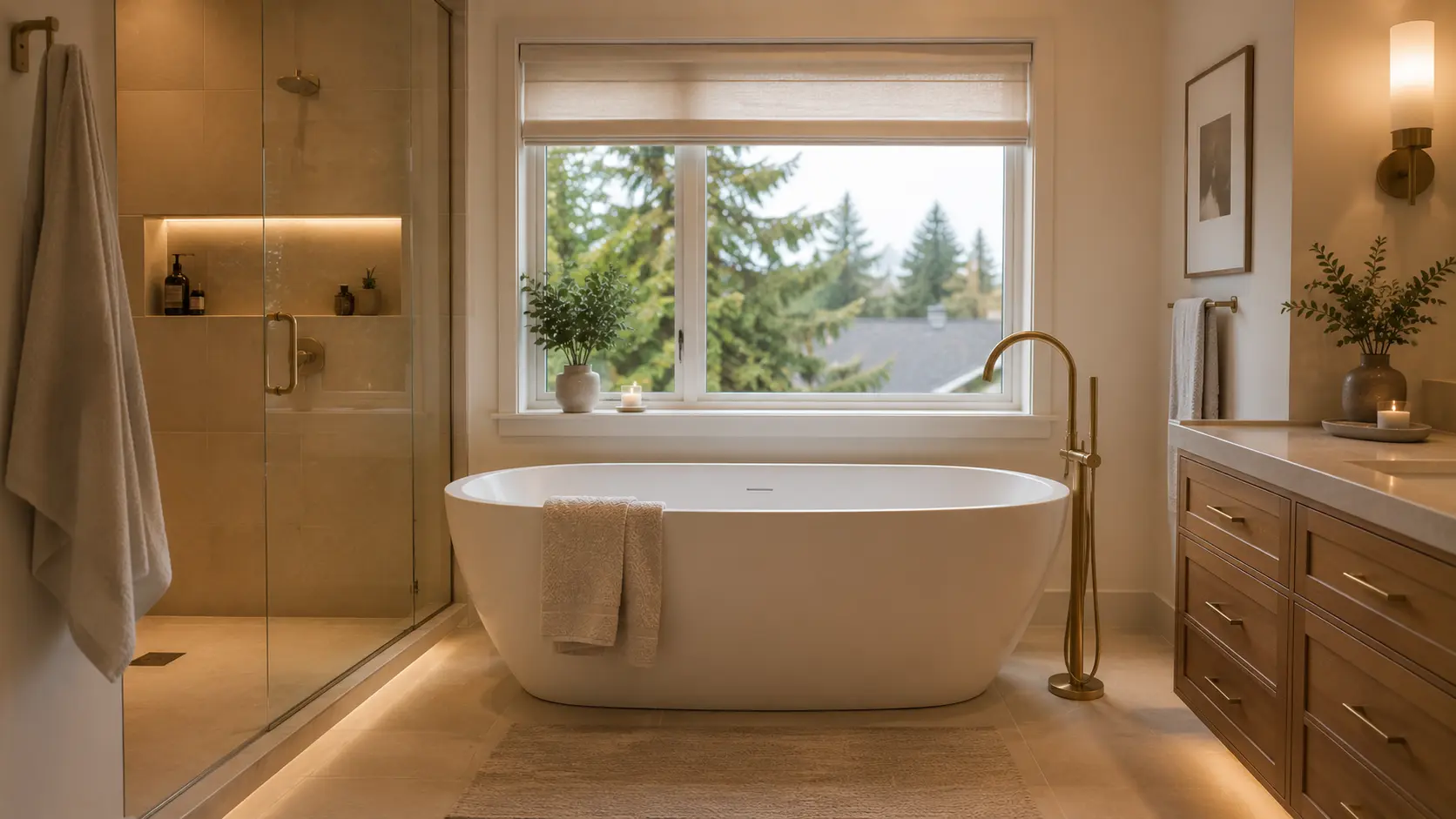 Freestanding soaking tub with floor-mounted filler in a spa-style primary bathroom
