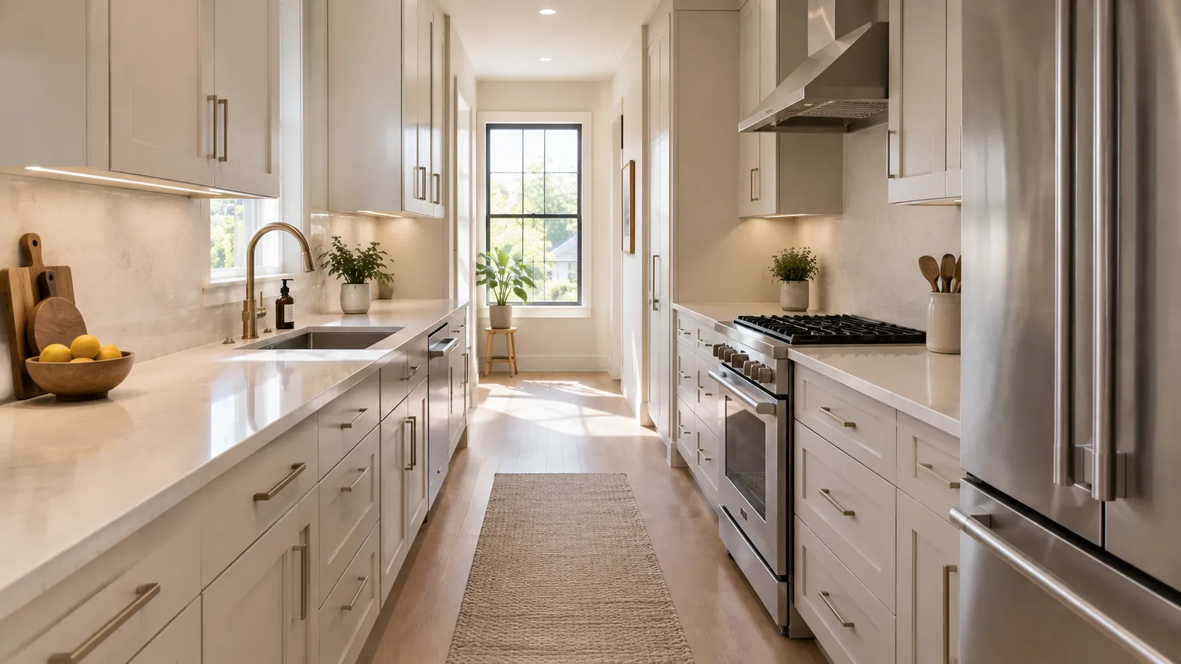 Galley kitchen seen straight down its long axis, two parallel runs either side of the aisle, with a window carrying daylight down the room from the far end