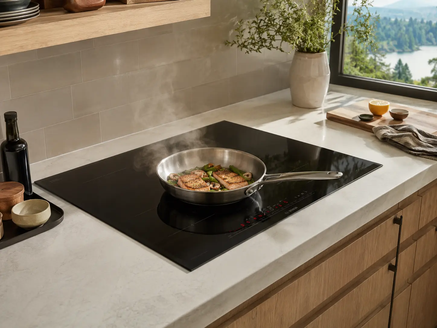 Induction cooktop in a modern electrified Kirkland kitchen