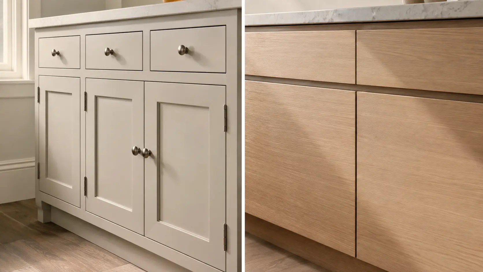 Side-by-side cabinet detail: inset doors sitting flush within a painted face frame with exposed butt hinges, beside full overlay oak doors covering the frame with only narrow gaps between them