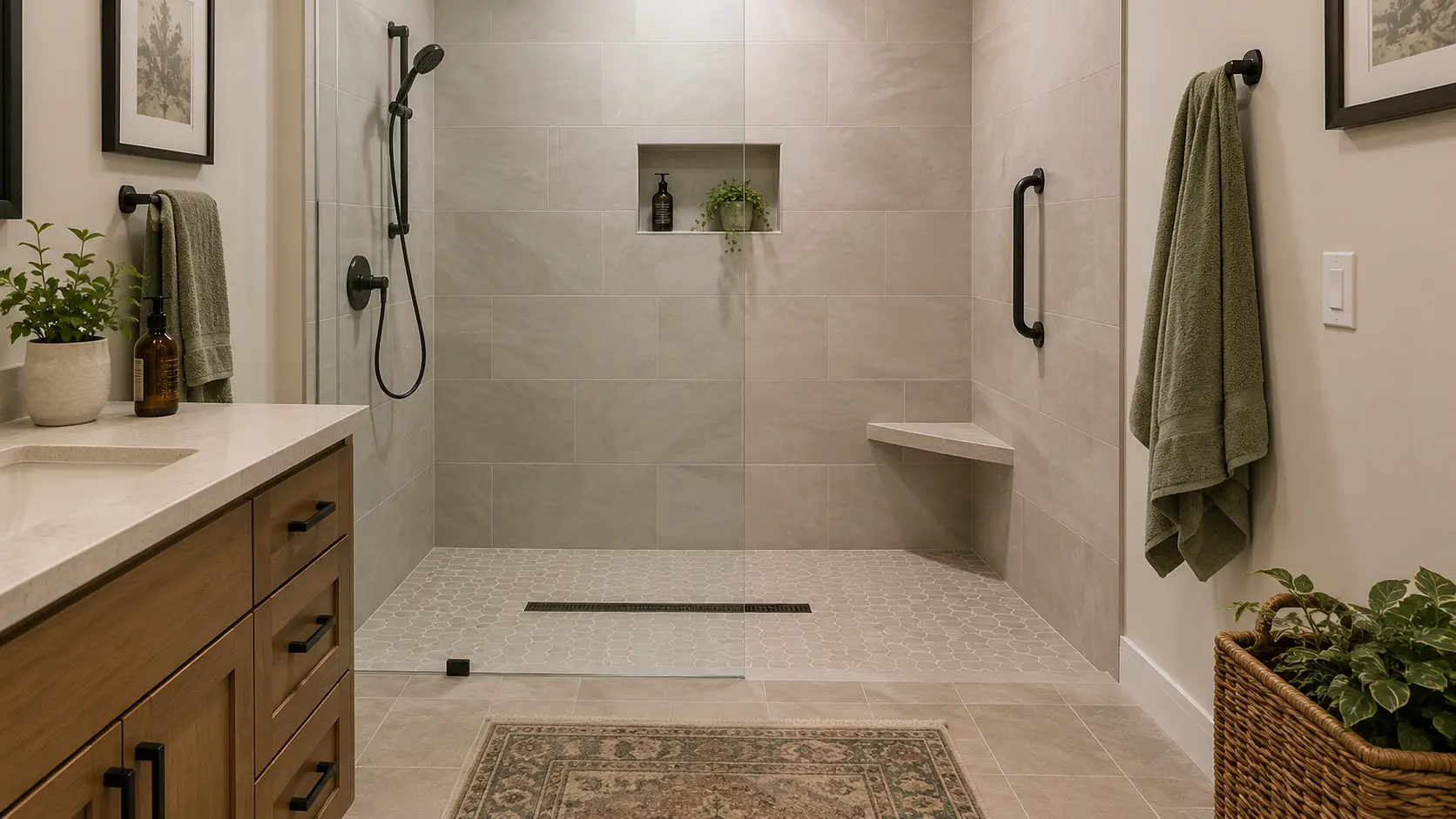 Curbless walk-in shower converted from a bathtub in a Kent home