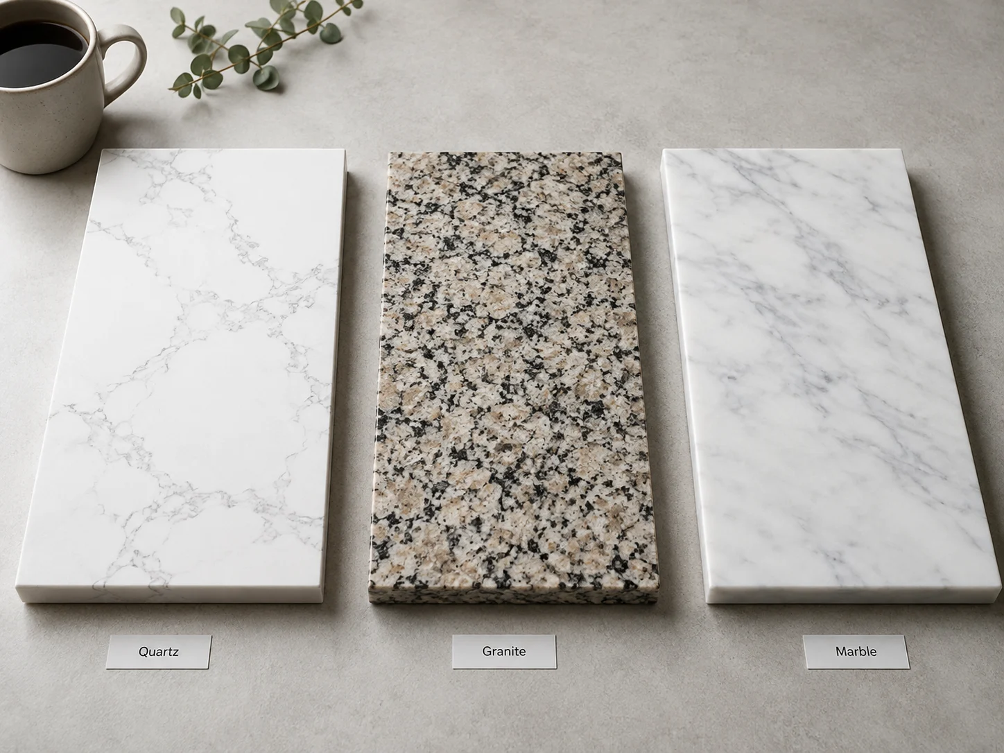 Quartz, granite, and marble countertop slab samples side by side for a Kent kitchen