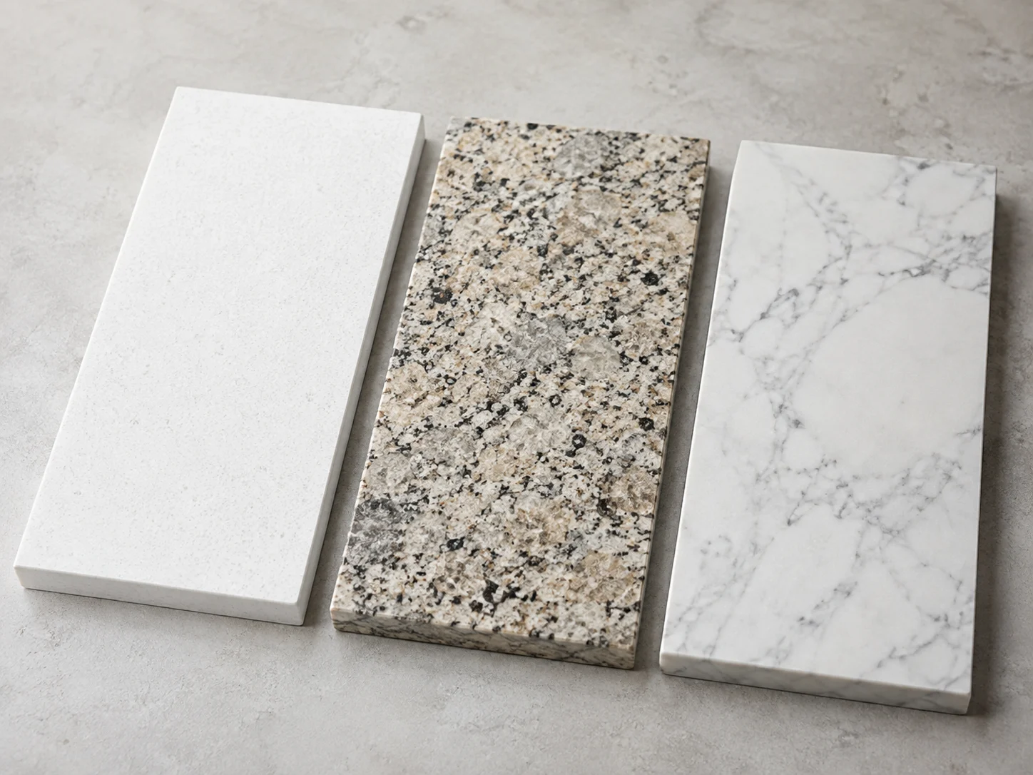 Quartz, granite, and marble countertop slab samples laid side by side on a neutral surface