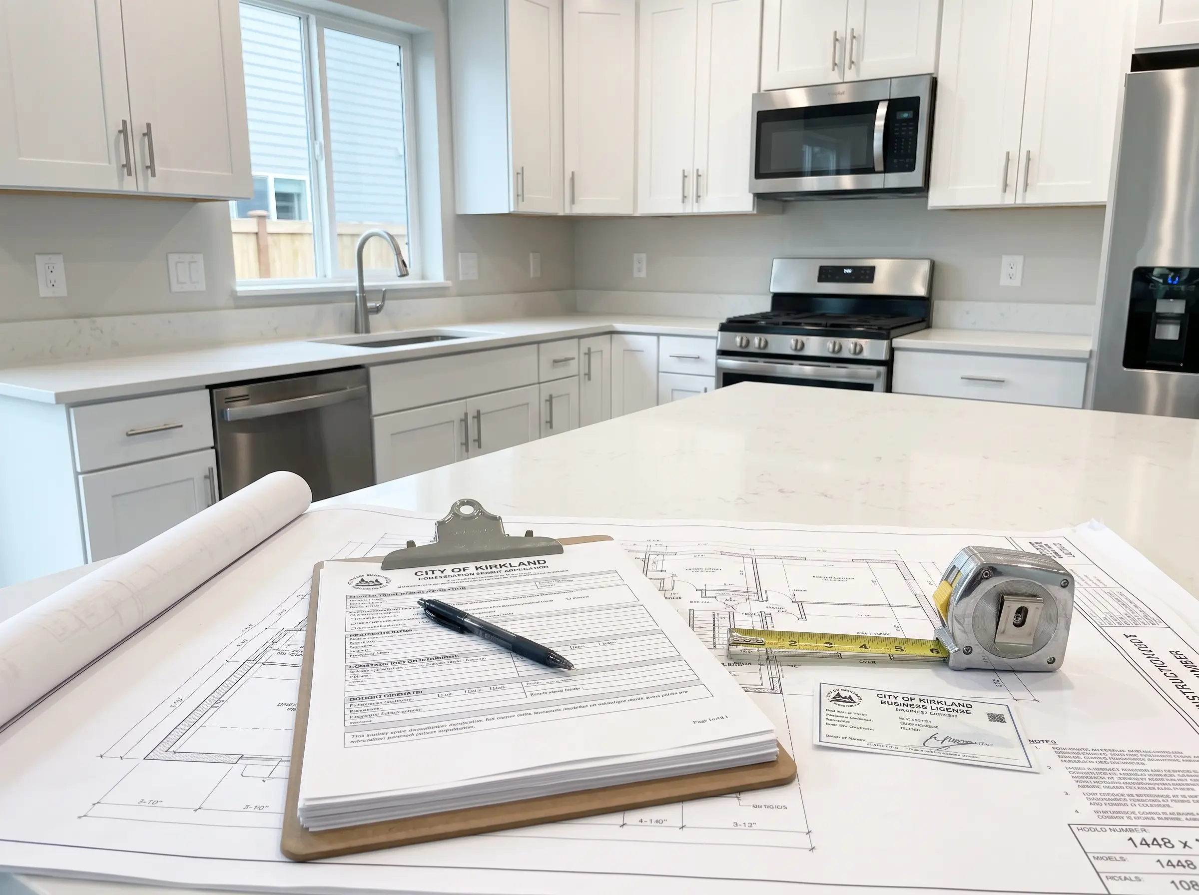 City of Kirkland permit application and business license on a clipboard, resting on floor plans with a tape measure in a finished kitchen