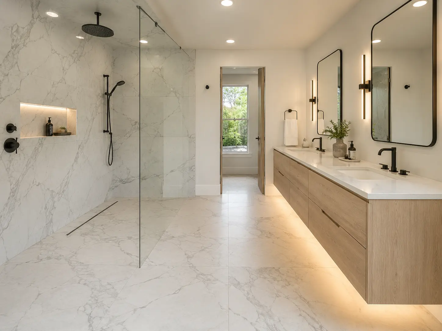 Remodeled Kirkland primary bathroom with a curbless marble-tiled shower, linear drain, and a backlit floating oak double vanity