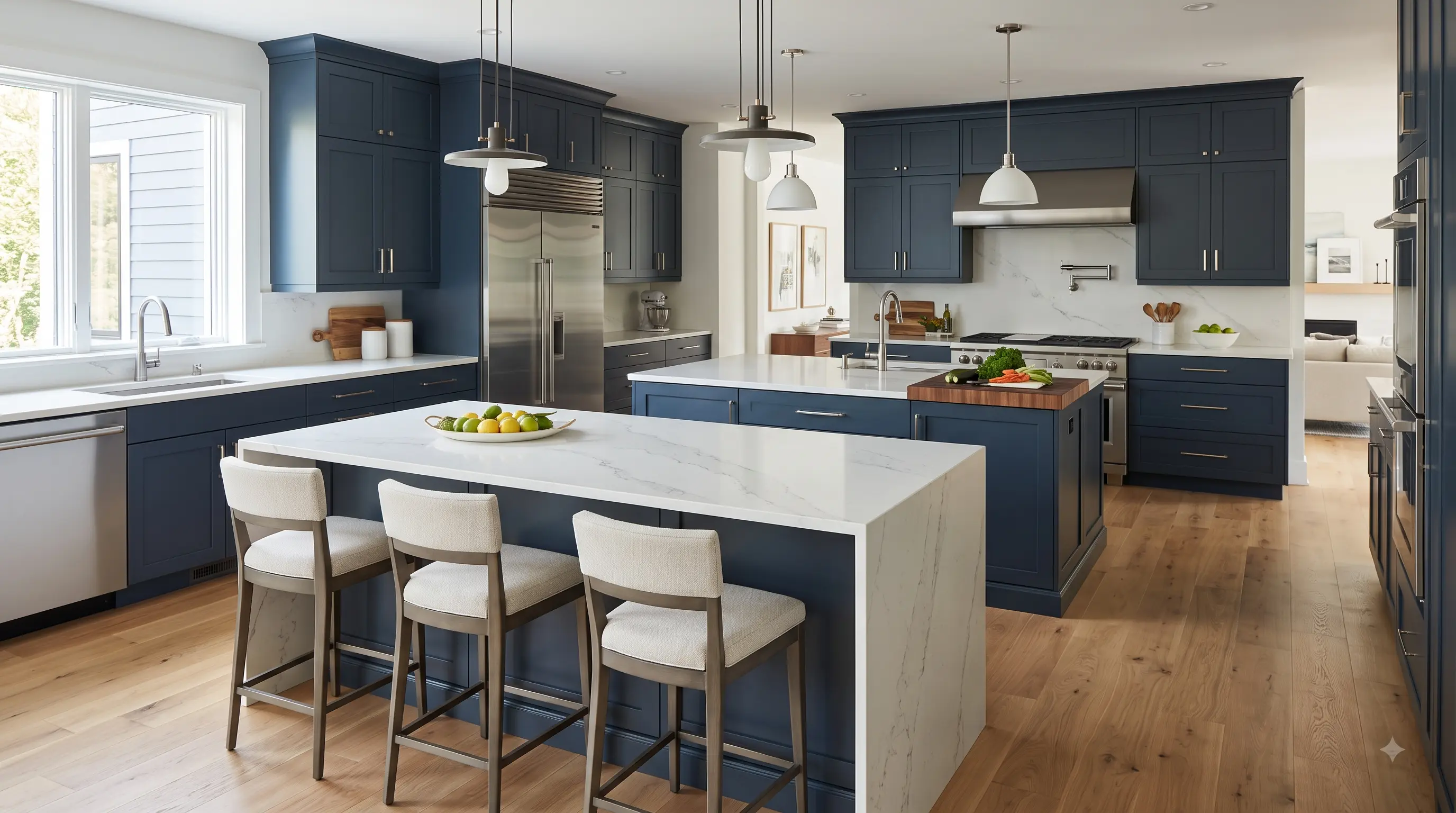 Kitchen with two parallel islands: a marble-topped seating island with stools in front of a prep island with a sink and butcher block