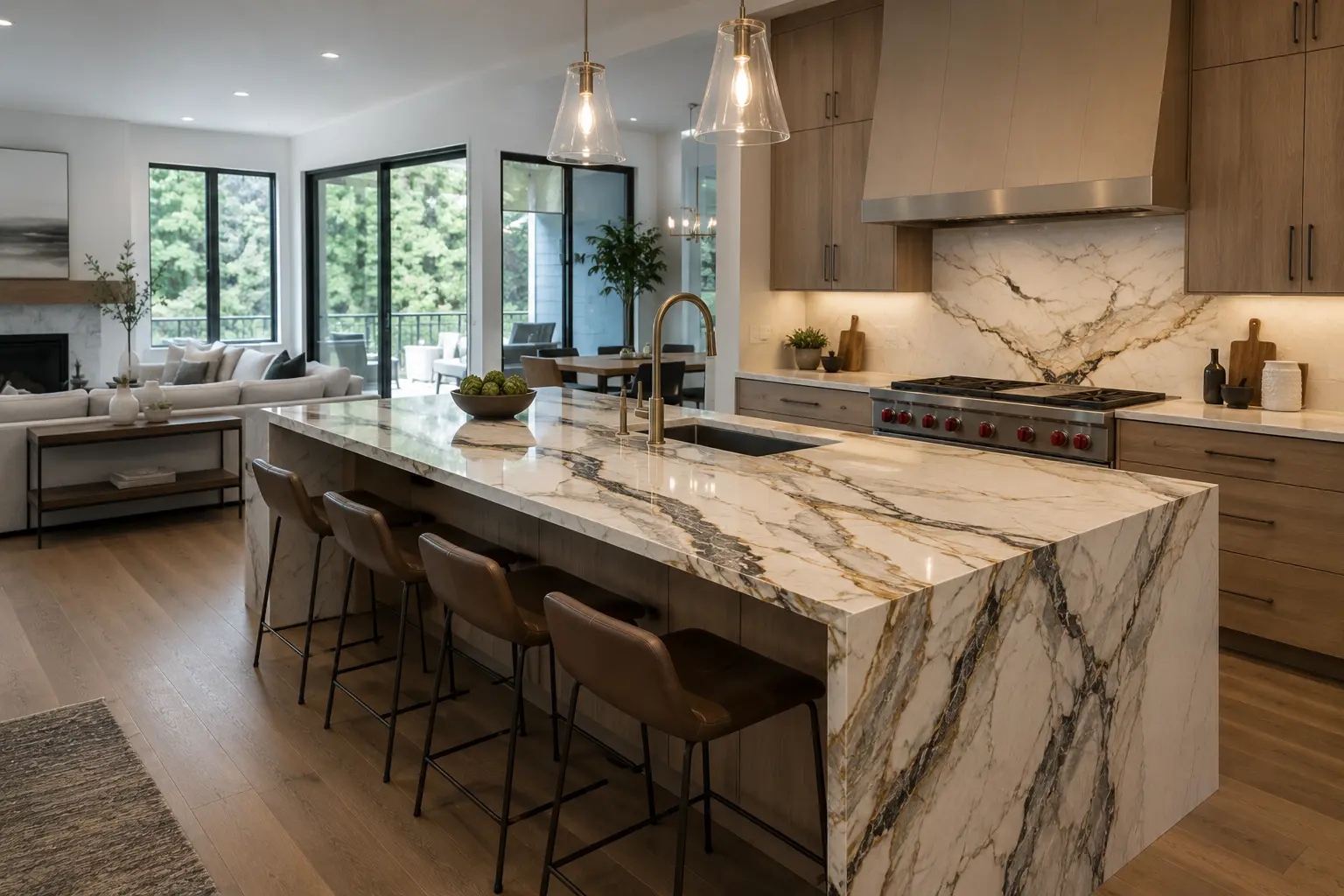 Veined island slab acting as the focal point viewed from an adjoining great room