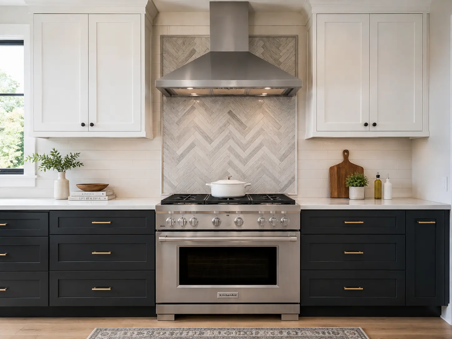 Feature backsplash behind the range with simple tile elsewhere in the kitchen