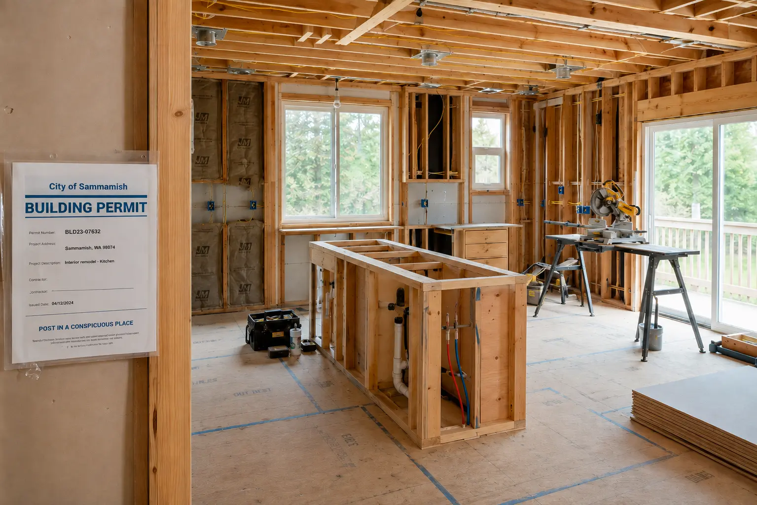 Kitchen remodel at framing and rough-in stage with the building permit posted at the entry, plumbing stubbed up inside the island and electrical run through the open studs