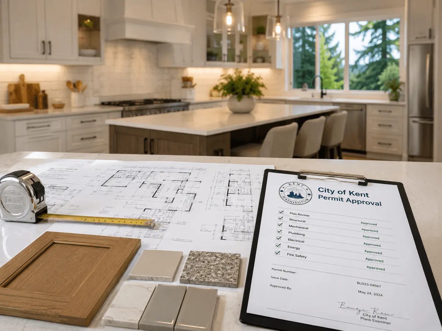 City of Kent permit approval on a clipboard beside kitchen plans, a tape measure, and cabinet and countertop samples in a finished kitchen