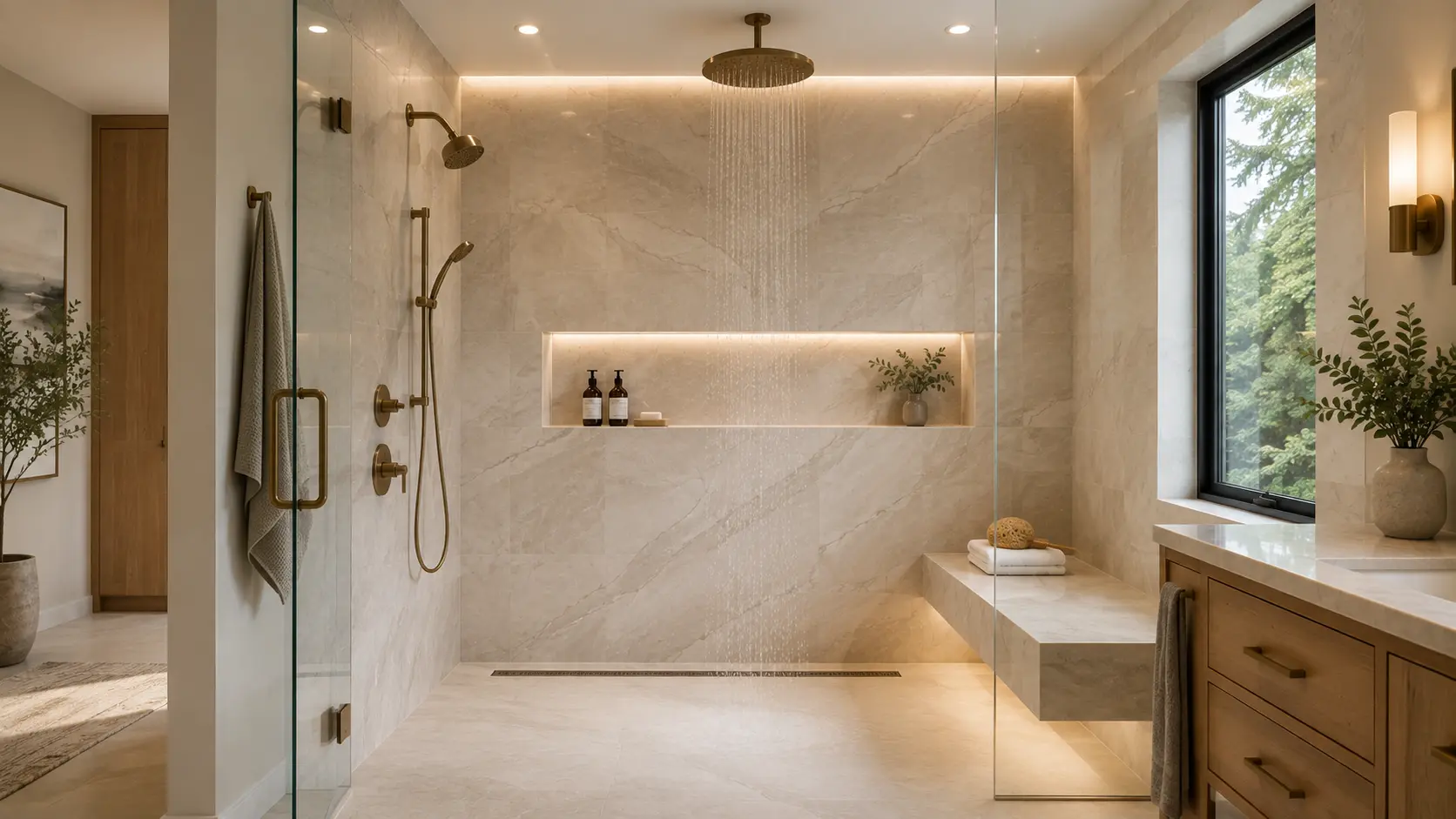 Curbless steam shower with large-format porcelain slab walls and a lit niche