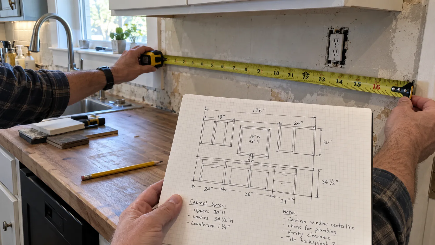 Hands holding a steel tape measure along a stripped kitchen wall while holding a hand-drawn elevation on grid paper, dimensions and cabinet specs written out