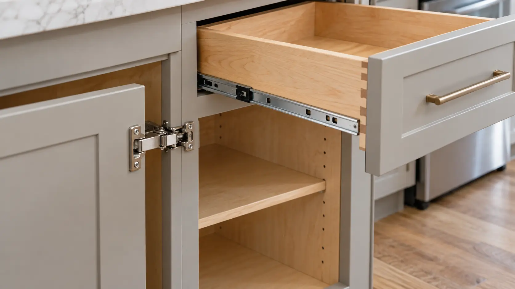 Open cabinet door showing a concealed hinge beside a pulled-out drawer, with dovetail joinery at the drawer corner, the glide, and an adjustable shelf inside the box