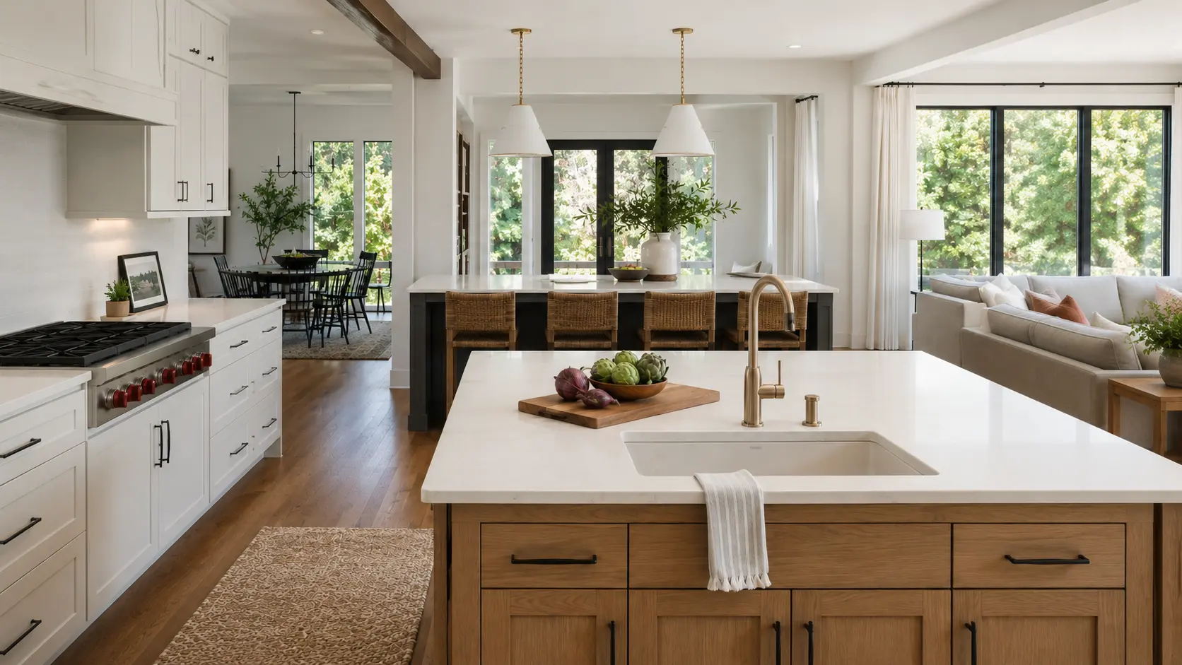 Prep island with sink in front of a seating island with stools in a double island kitchen