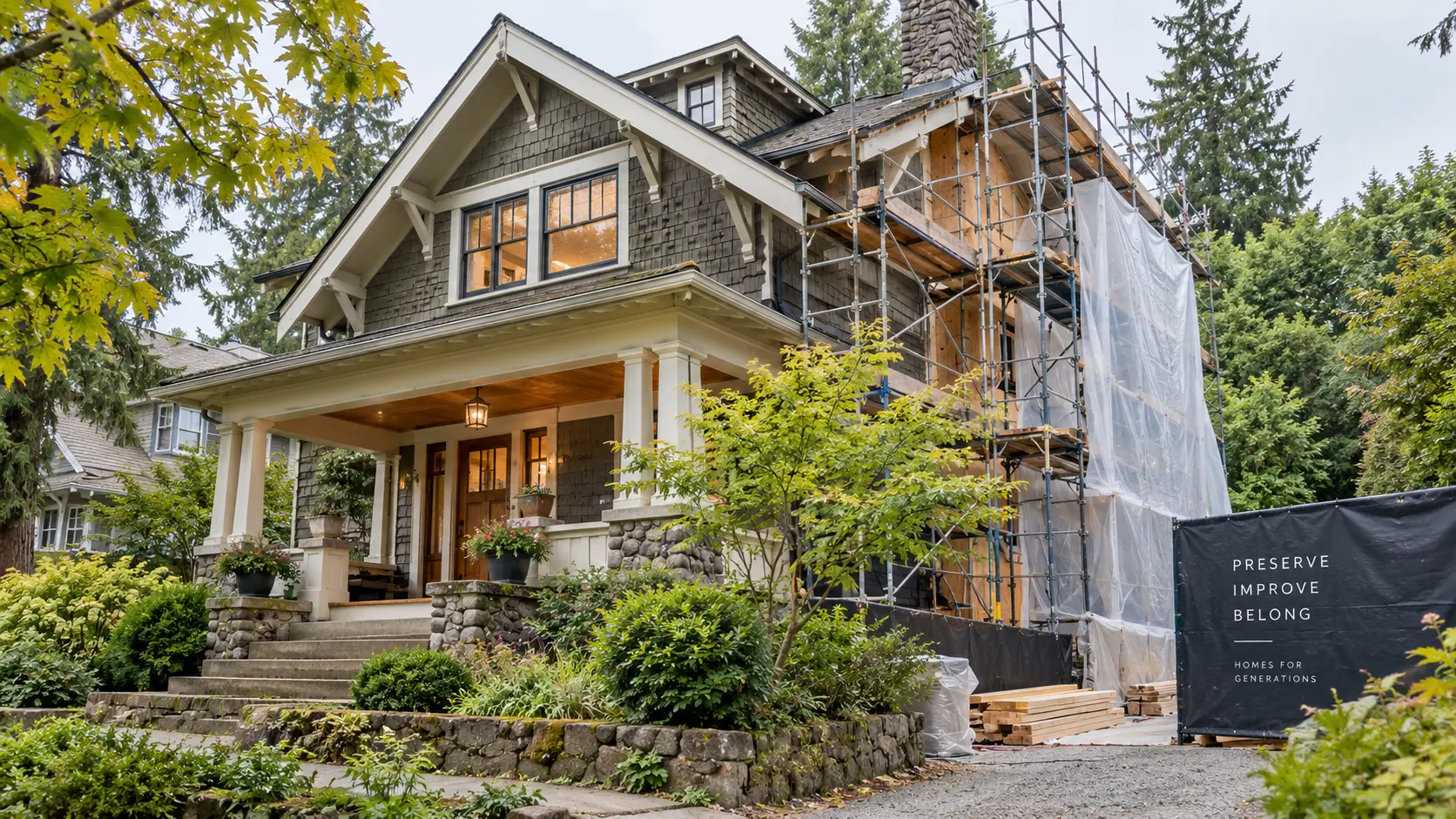 Older Pacific Northwest shingled home mid-renovation, its porch, stone piers and timber brackets intact while scaffolding and protective sheeting cover one gable, on an established lot with mature trees