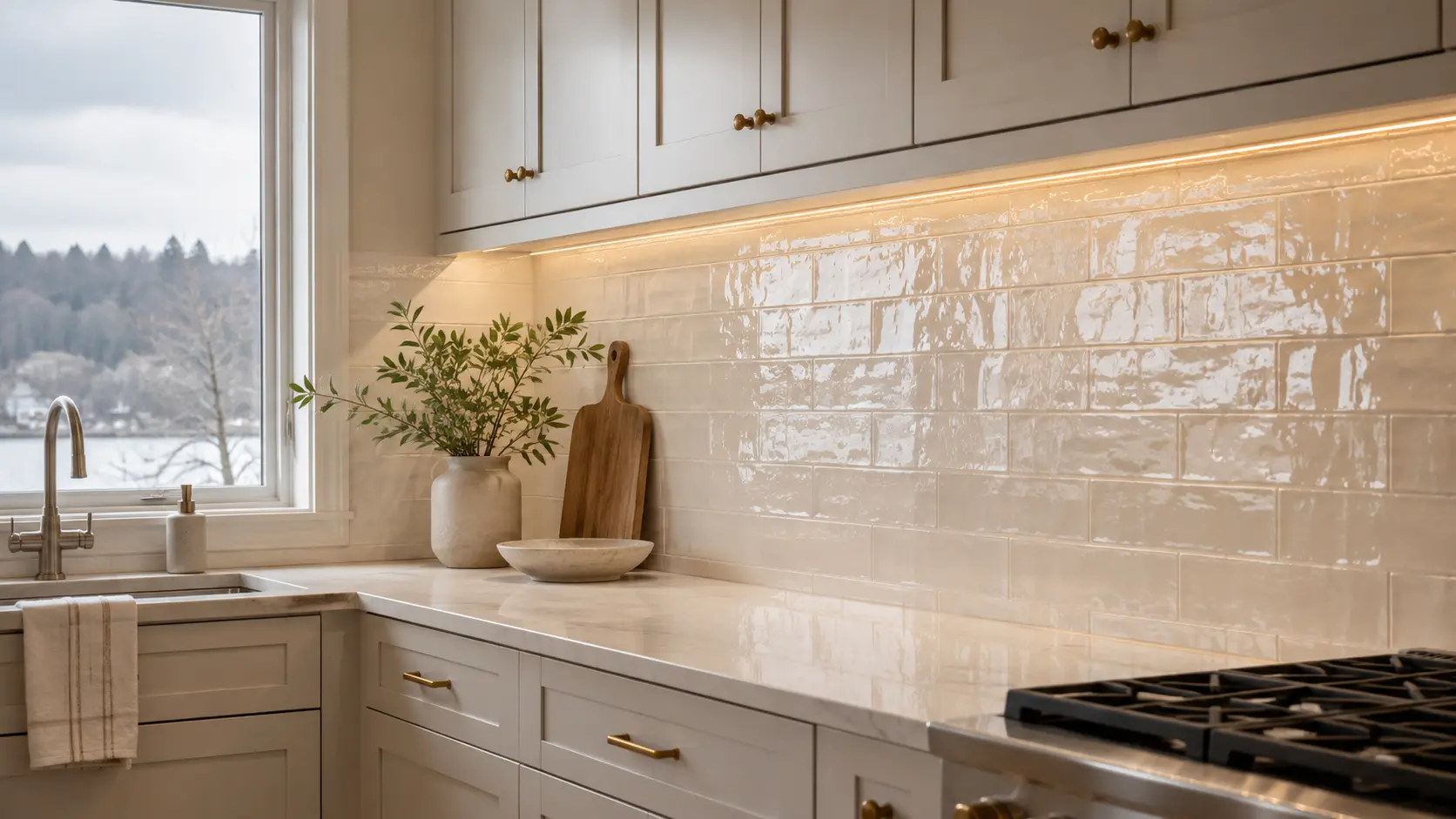 Glossy light-toned backsplash reflecting daylight in a Pacific Northwest kitchen