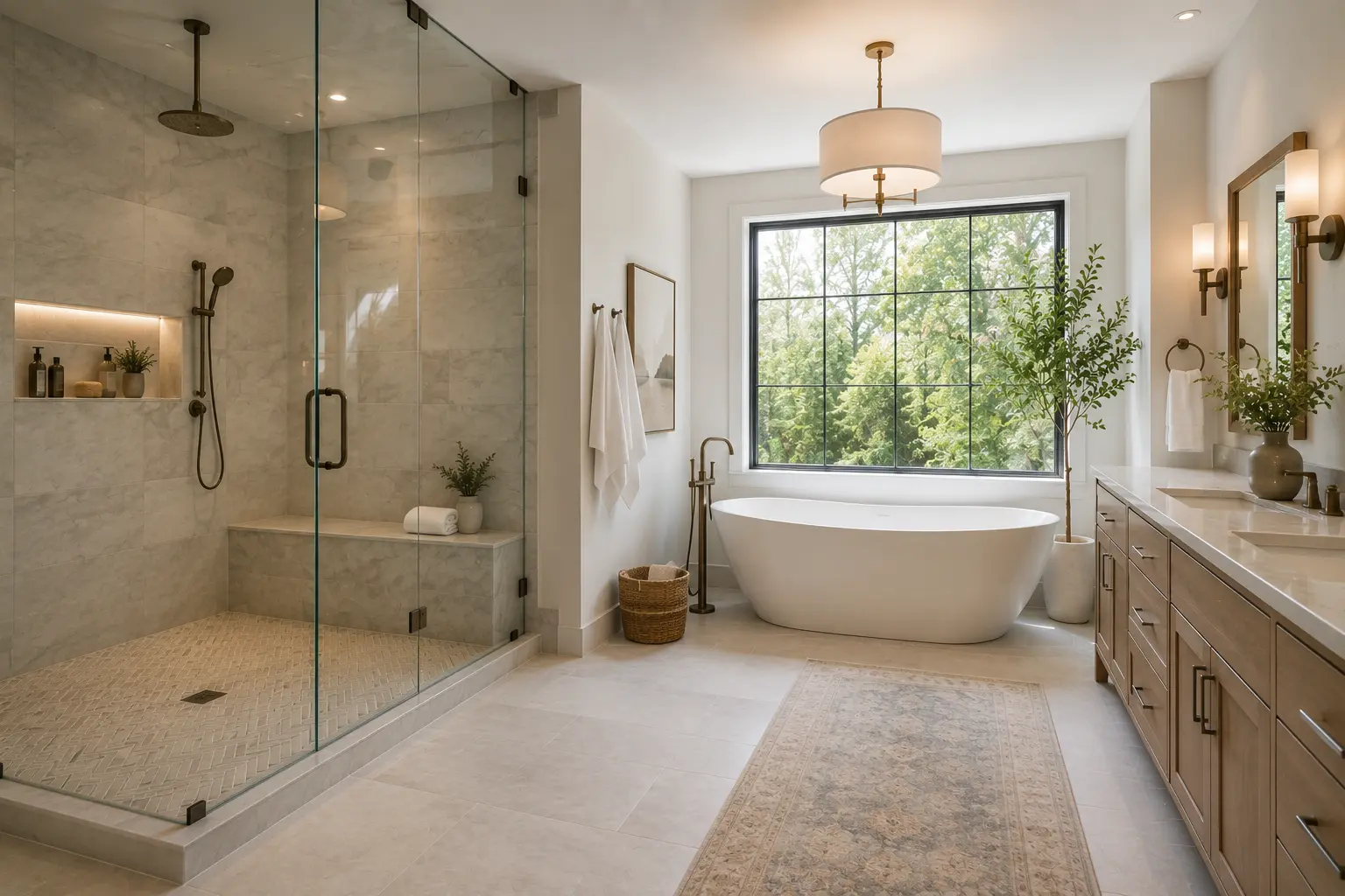 Primary bathroom with a glass walk-in shower and built-in bench on one side and a freestanding soaking tub with a floor-mounted filler on the other
