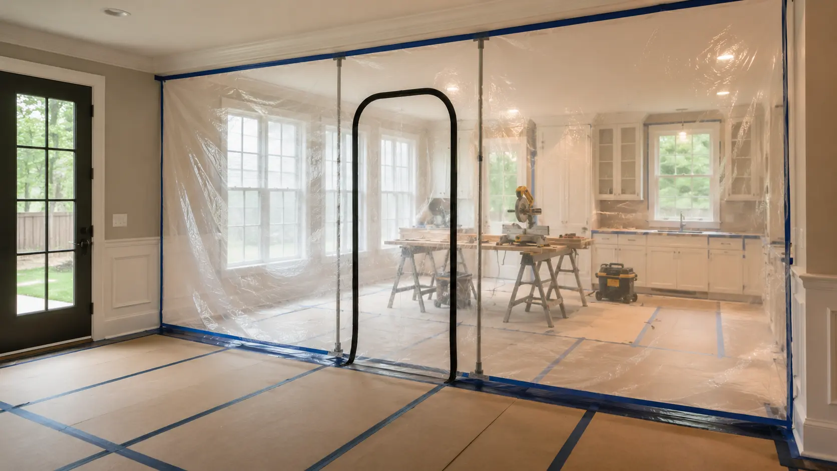 Floor-to-ceiling plastic dust containment with a zippered door sealing off a kitchen work zone, with hardboard floor protection taped across the adjoining room