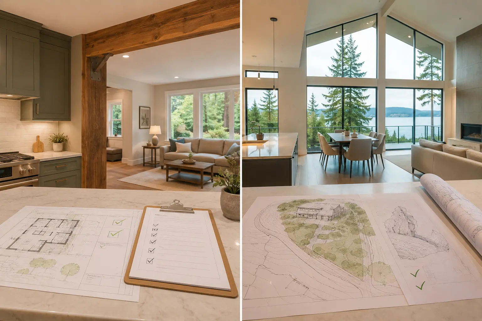 Split frame comparing a renovated King County home with an exposed beam and retained structure against a ground-up custom build with full-height windows over the water, each with plans on the counter