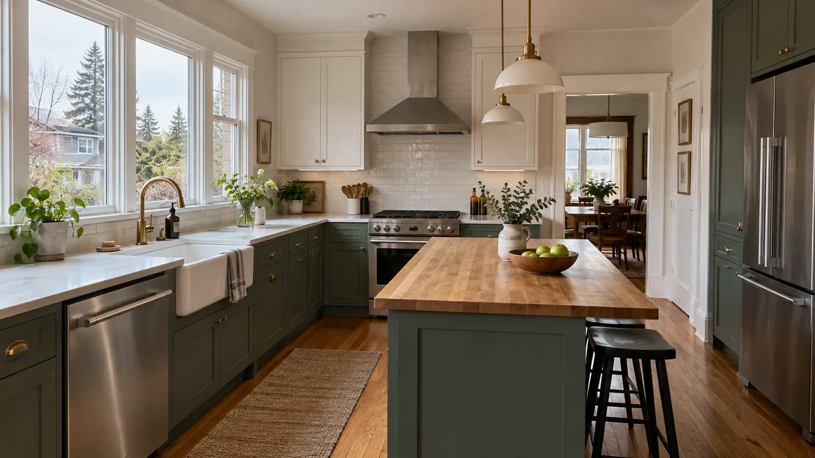 Remodelled kitchen in an older Seattle home, with two-tone green and white cabinetry, a butcher block island, original wood floors and a period window