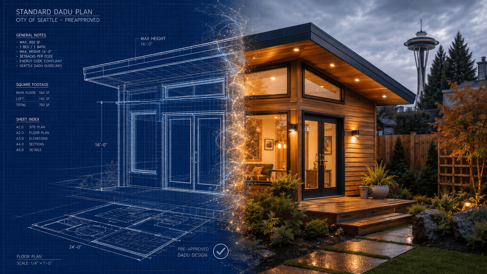 Split image of a Seattle DADU: a blue pre-approved plan drawing on the left resolving into the finished cedar-clad backyard cottage on the right, with the Space Needle behind
