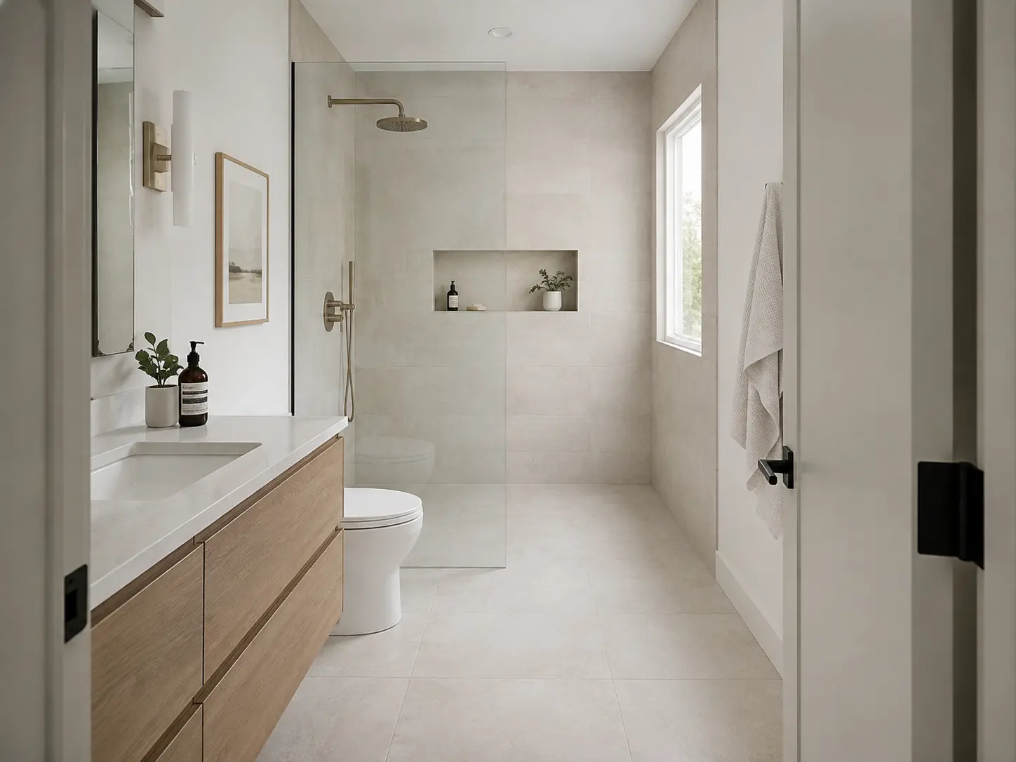 Large-format shower tile with matched grout and a recessed lit niche