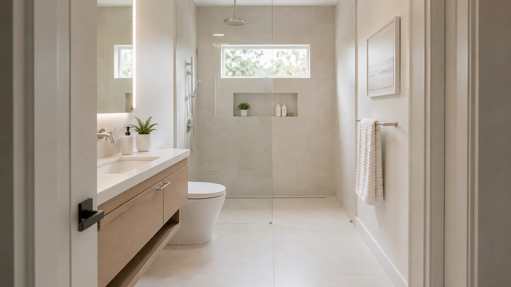 Compact bathroom seen straight on from the doorway, with light floor tile running unbroken past a floating vanity and wall-hung toilet into a curbless shower behind a clear frameless panel, a lit niche and a backlit mirror