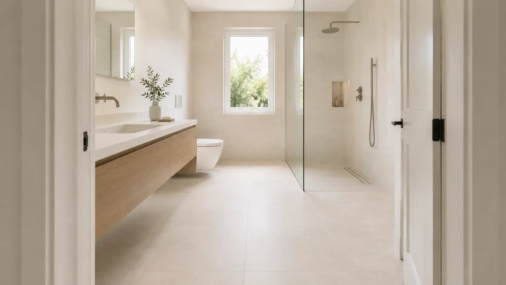 Small bathroom seen from the doorway, with continuous large-format floor tile running unbroken into a curbless shower behind a frameless glass panel, a floating vanity and a wall-hung toilet