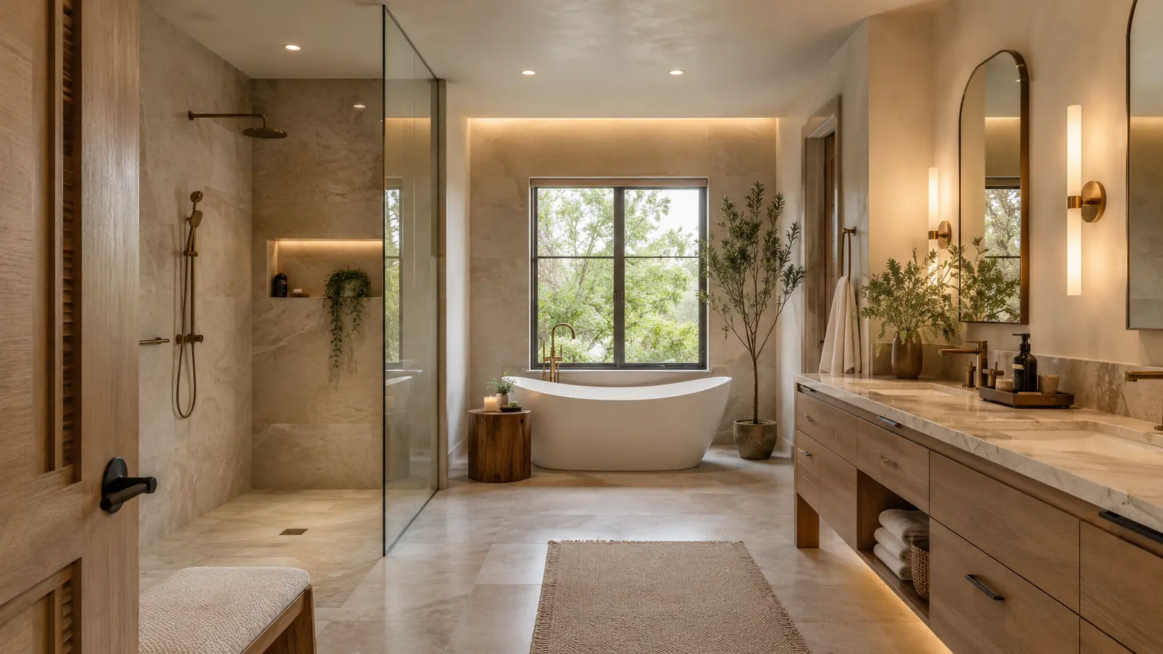 Spa-style primary bathroom seen from the doorway, with a curbless glass shower and linear drain on the left, a freestanding soaking tub beneath a window, a floating oak vanity lit from beneath, and warm cove lighting across large-format stone
