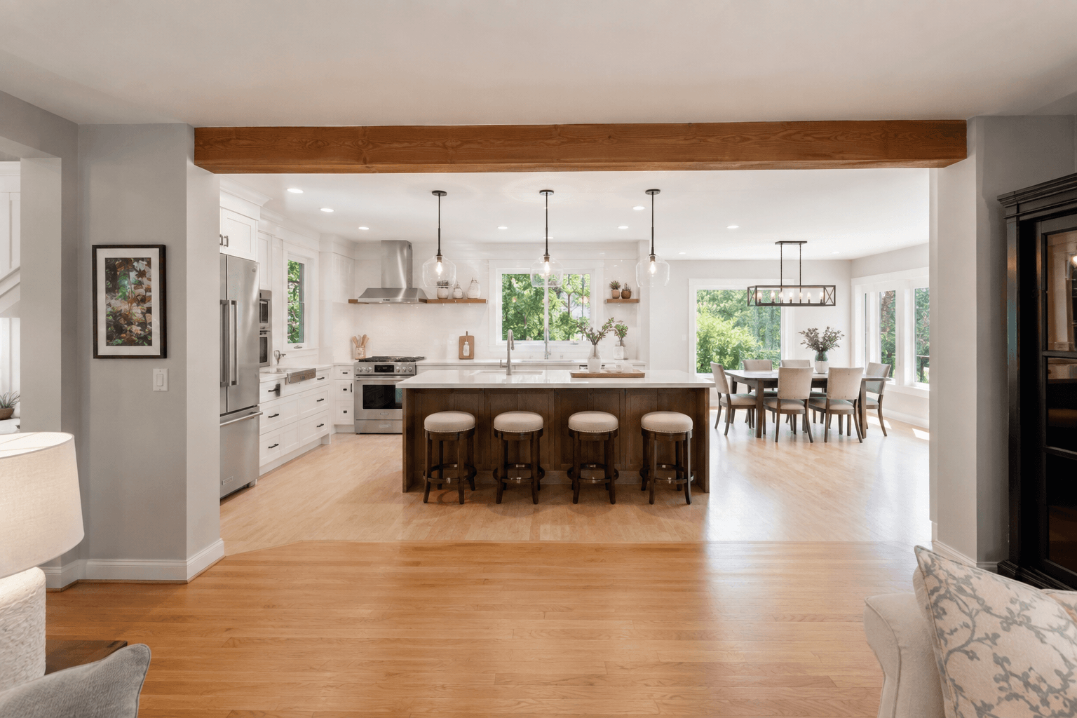 Remodeled open-concept kitchen in a 1960s Bellevue split-level home