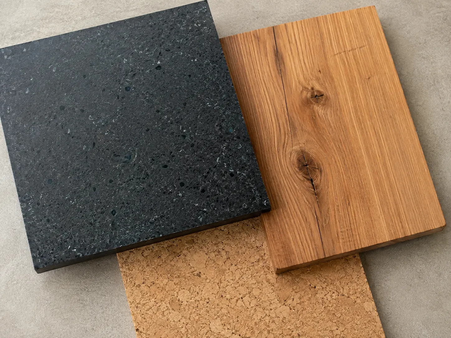 Sustainable remodeling materials including PaperStone, reclaimed Douglas fir, and cork