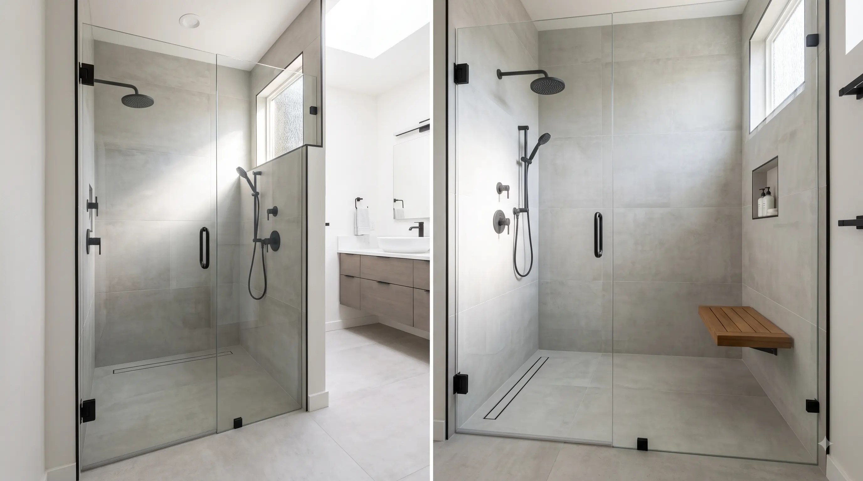 Two views of a finished walk-in shower converted from a tub alcove, with large-format tile, a linear drain, a frameless glass panel, and a teak bench