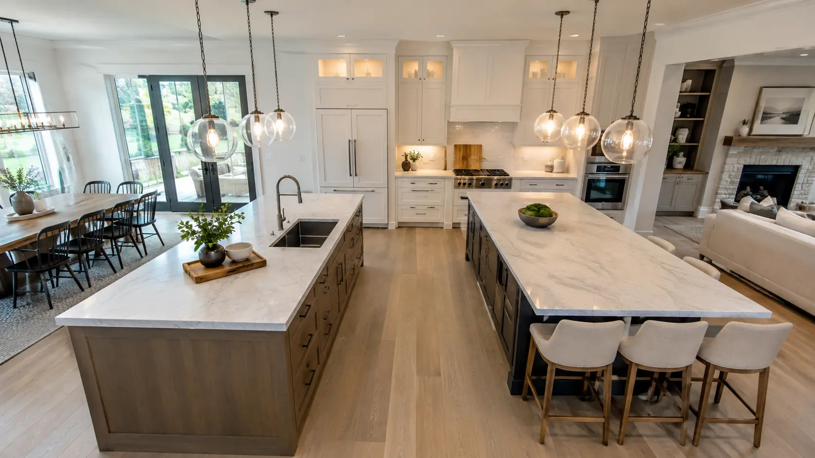 Overhead view of a double island kitchen showing aisle spacing and pendant lighting