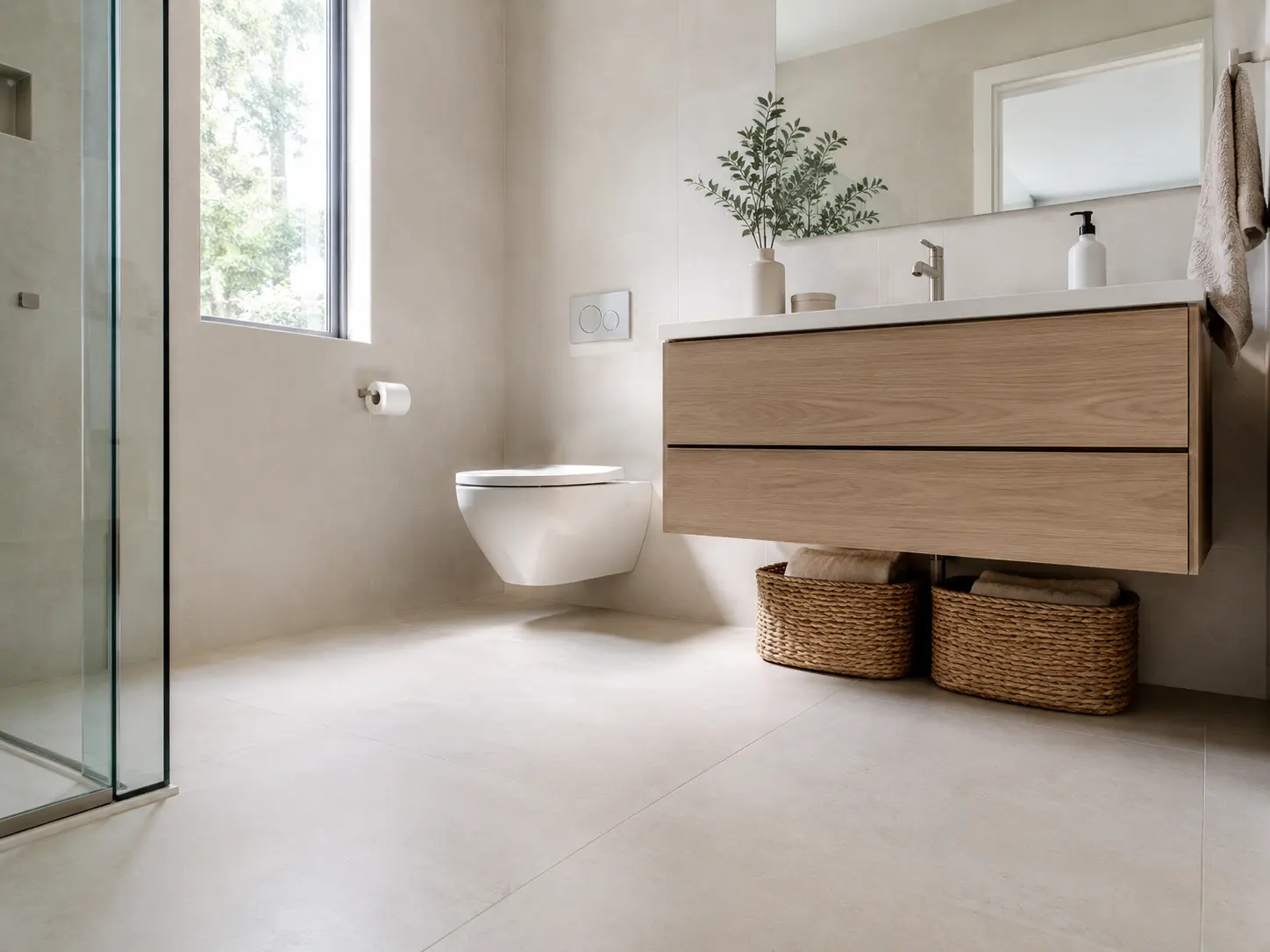 Floating vanity and wall-hung toilet with continuous tile running underneath